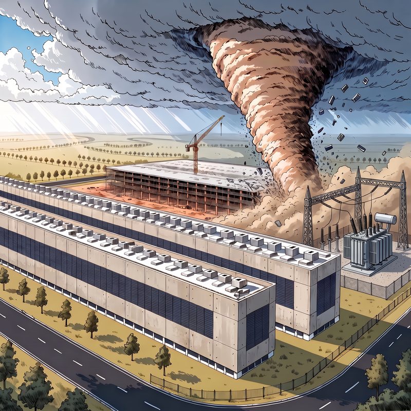 Illustration: a tornado crosses a data centre campus built in phases, tearing into a hall under construction next to two halls in operation, with debris reaching the campus substation.