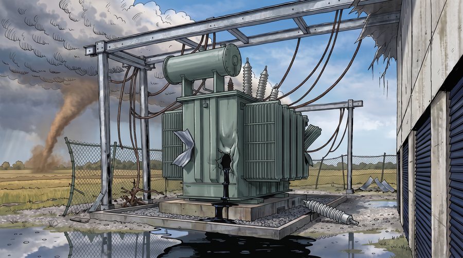 Illustration: after the tornado, the campus’s large power transformer stands at its substation with broken bushings, torn-off radiators and a punctured tank, oil spreading beyond its containment onto the gravel.